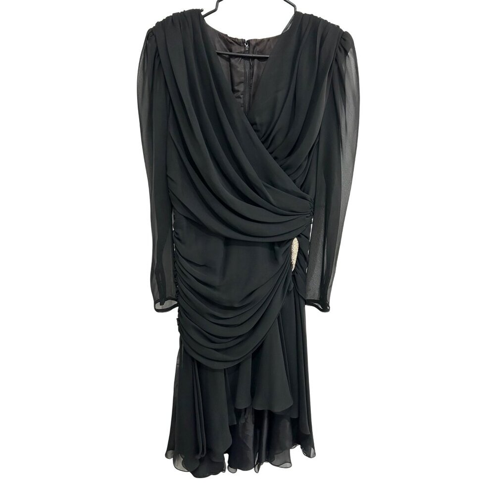 Vintage 80s Elissa Black Chiffon Draped Long Sleeve Dress \Rhinestone Accent Siz